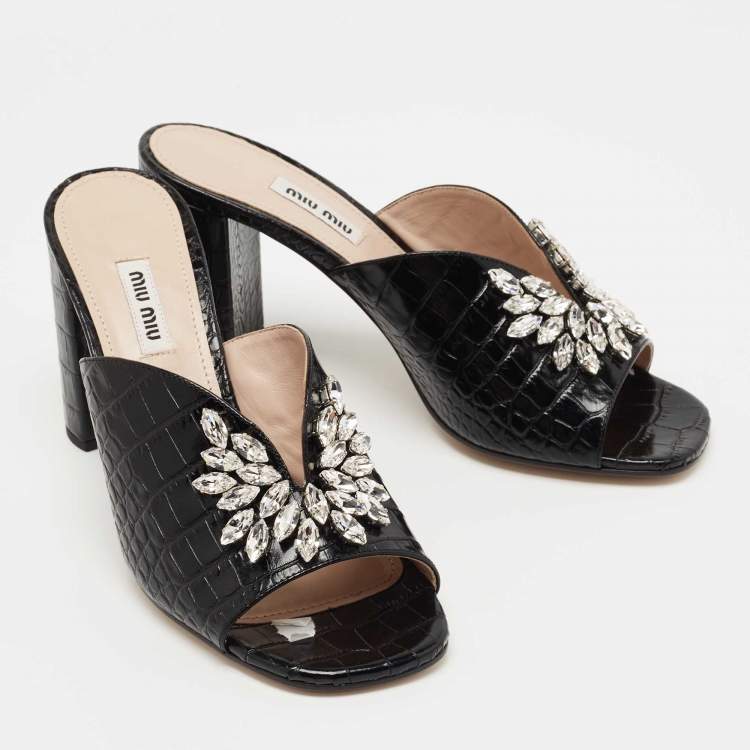 Pre Owned Miu Miu Black Croc Embossed Leather Crystal Embellished  Slide Sandals Size 39
