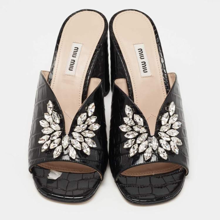 Pre Owned Miu Miu Black Croc Embossed Leather Crystal Embellished  Slide Sandals Size 39