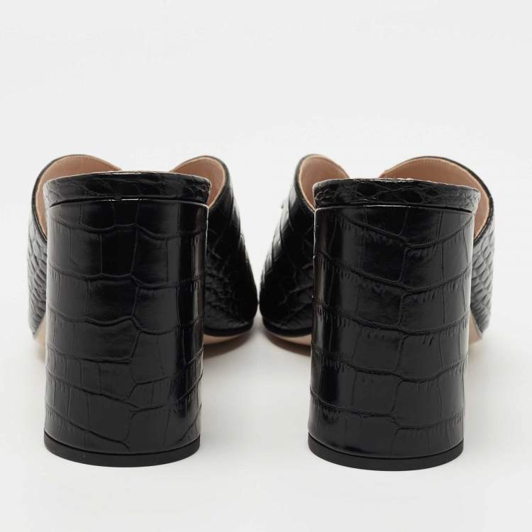 Pre Owned Miu Miu Black Croc Embossed Leather Crystal Embellished  Slide Sandals Size 39