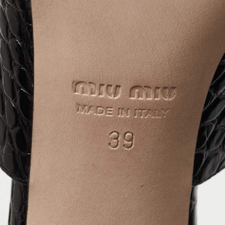 Pre Owned Miu Miu Black Croc Embossed Leather Crystal Embellished  Slide Sandals Size 39