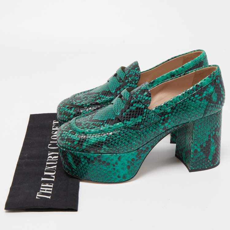 Pre Owned Miu Miu Green Python Leather Embossed Platform Pumps Size 39 