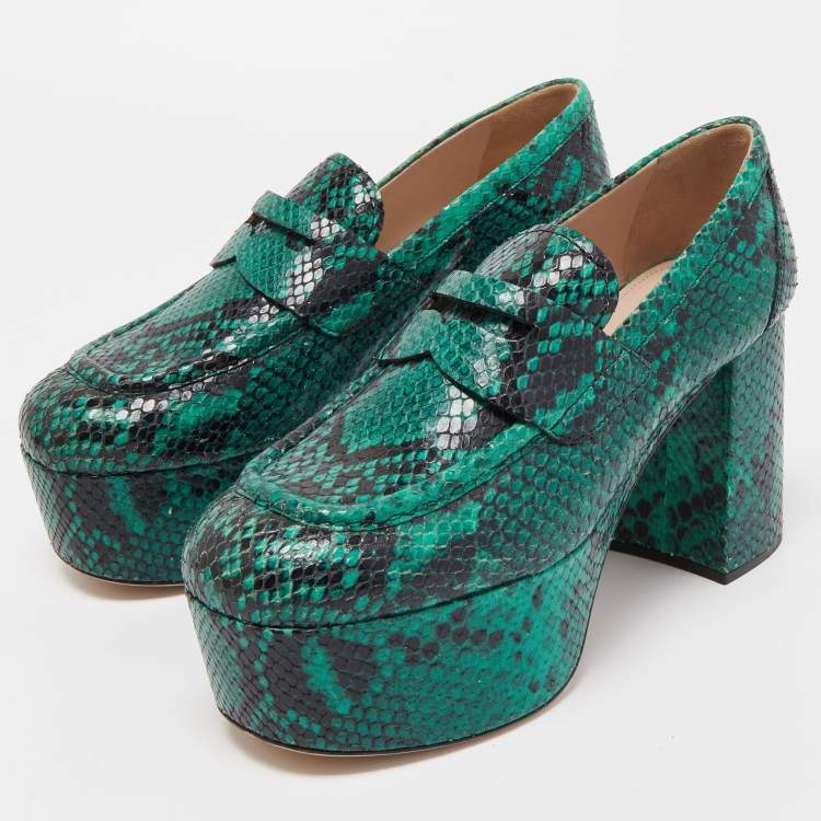 Pre Owned Miu Miu Green Python Leather Embossed Platform Pumps Size 39 