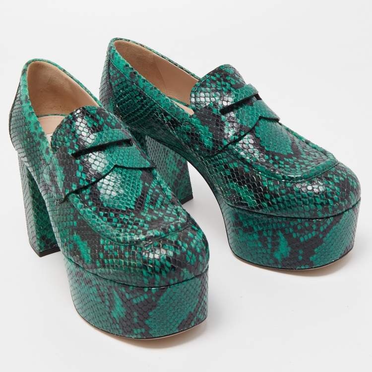 Pre Owned Miu Miu Green Python Leather Embossed Platform Pumps Size 39 