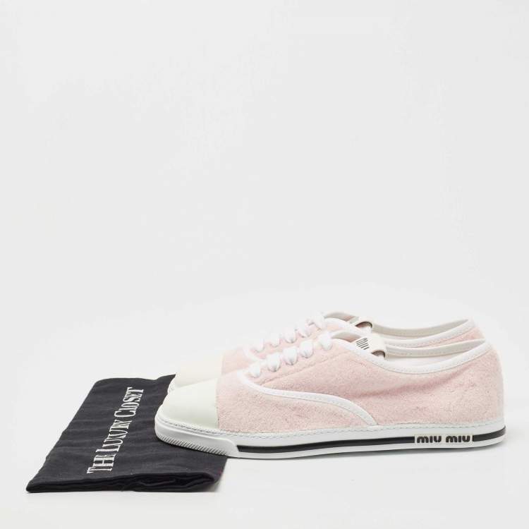 Pre Owned Miu Miu White/Pink Leather and Fabric Lace Up Sneakers Size 39.5