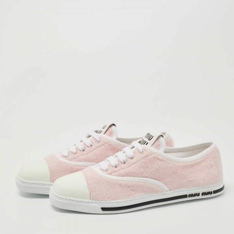 Pre Owned Miu Miu White/Pink Leather and Fabric Lace Up Sneakers Size 39.5