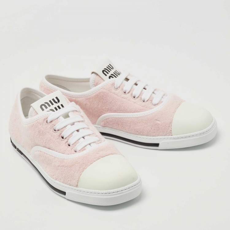 Pre Owned Miu Miu White/Pink Leather and Fabric Lace Up Sneakers Size 39.5