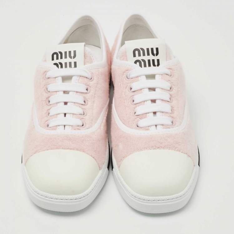 Pre Owned Miu Miu White/Pink Leather and Fabric Lace Up Sneakers Size 39.5