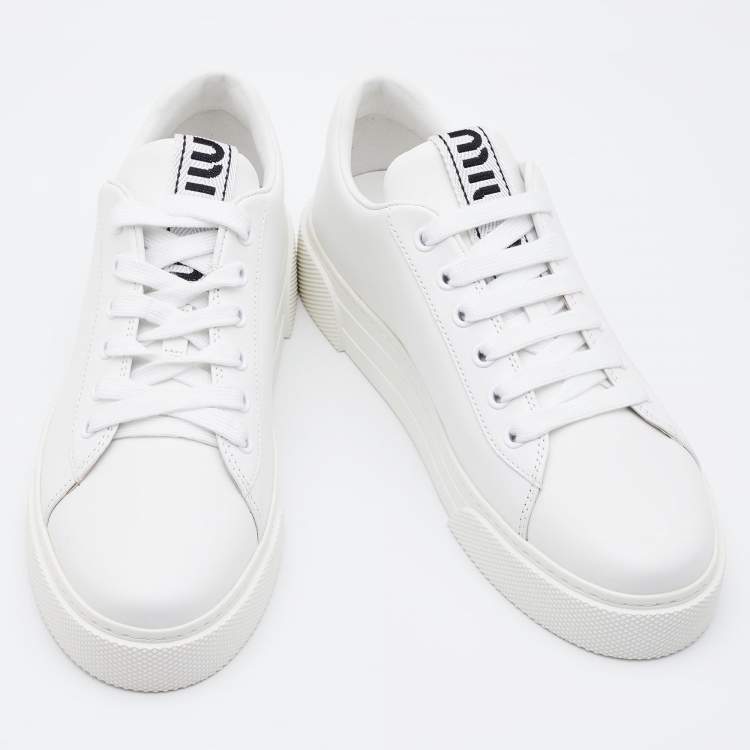Pre Owned Miu Miu White Leather Lace Up Sneakers Size 38
