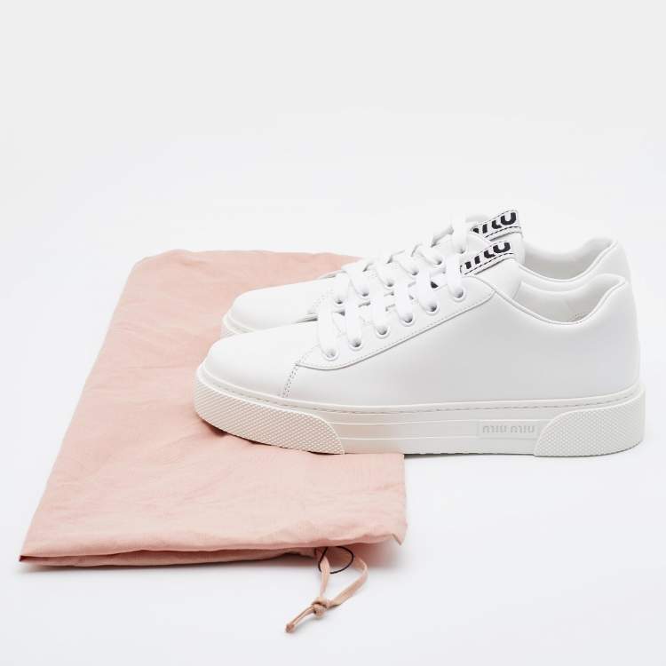 Pre Owned Miu Miu White Leather Lace Up Sneakers Size 38
