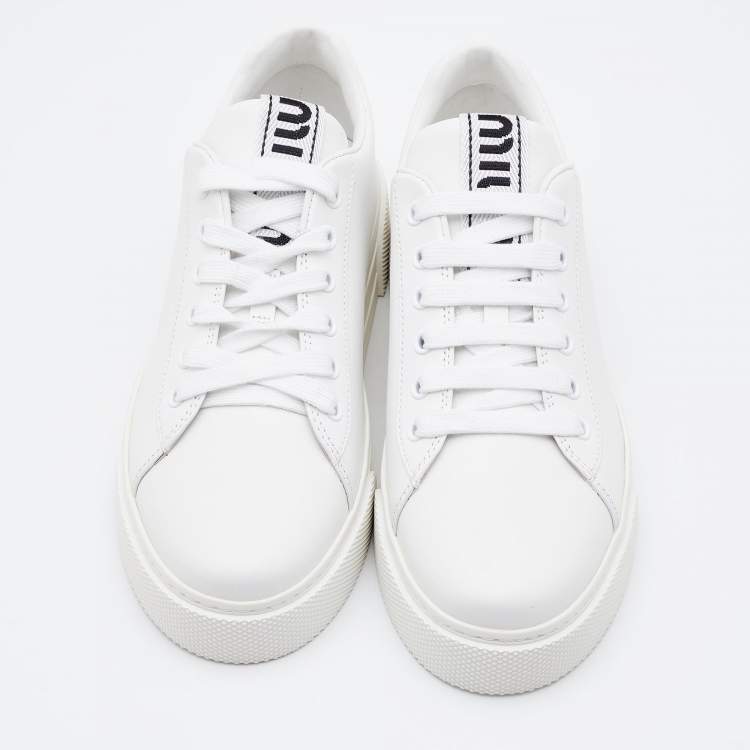 Pre Owned Miu Miu White Leather Lace Up Sneakers Size 38