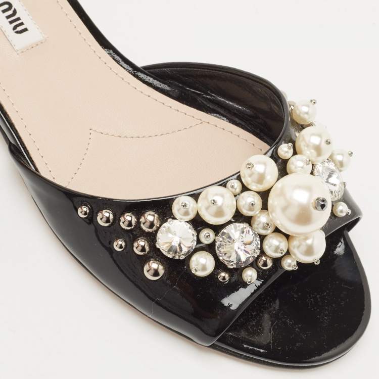Pre Owned Miu Miu Black Patent Leather Embellished Slide Flats Size 36     