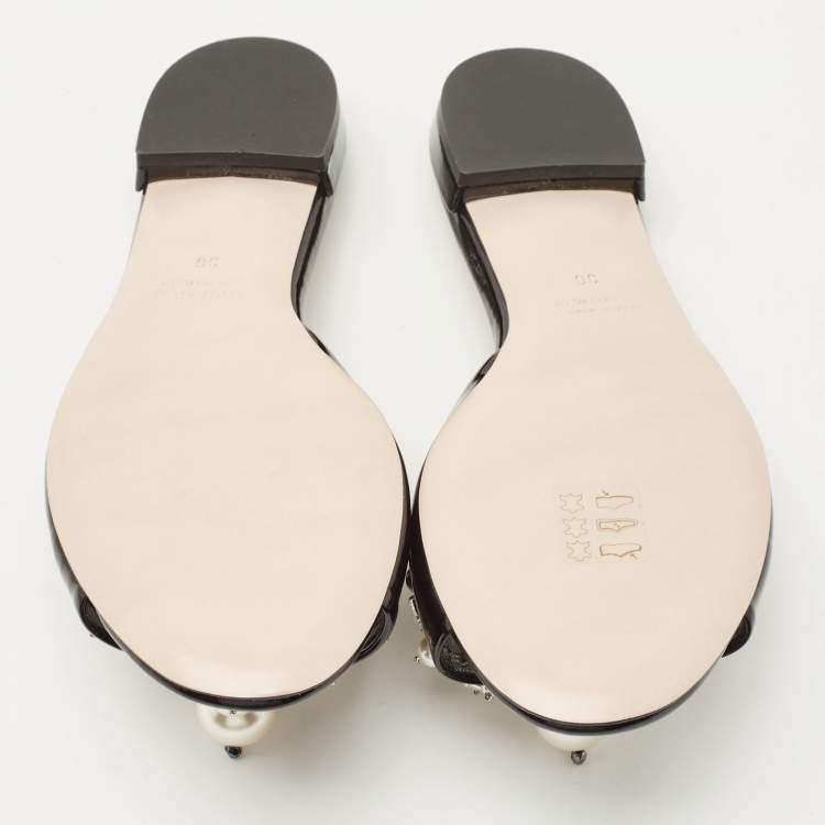 Pre Owned Miu Miu Black Patent Leather Embellished Slide Flats Size 36     