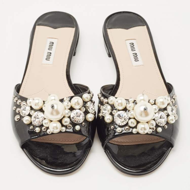 Pre Owned Miu Miu Black Patent Leather Embellished Slide Flats Size 36     