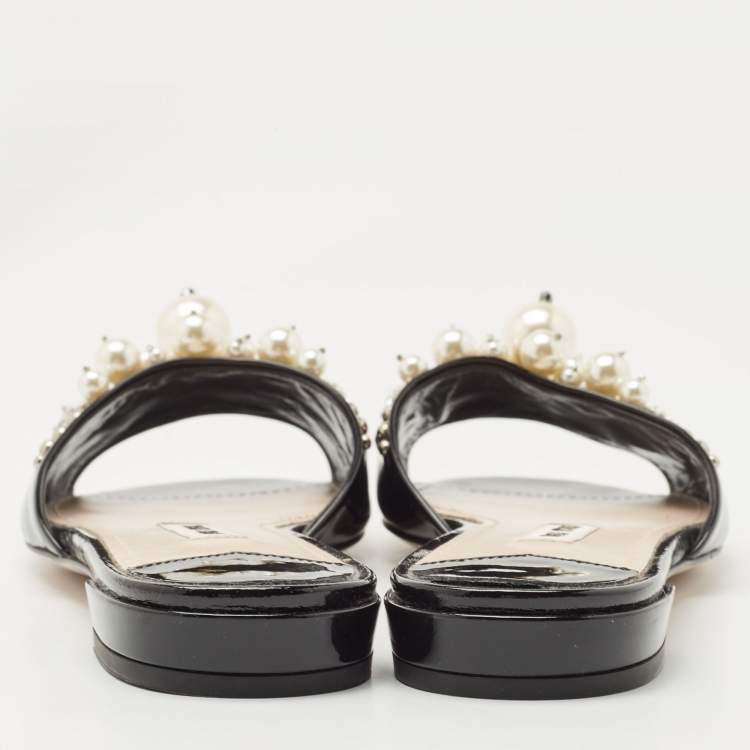 Pre Owned Miu Miu Black Patent Leather Embellished Slide Flats Size 36     