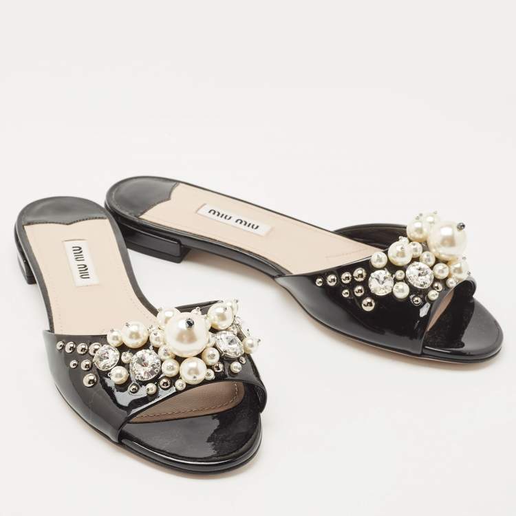 Pre Owned Miu Miu Black Patent Leather Embellished Slide Flats Size 36     