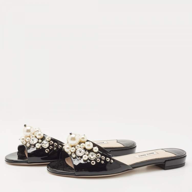 Pre Owned Miu Miu Black Patent Leather Embellished Slide Flats Size 36     