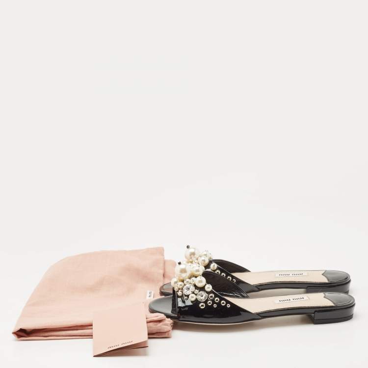 Pre Owned Miu Miu Black Patent Leather Embellished Slide Flats Size 36     
