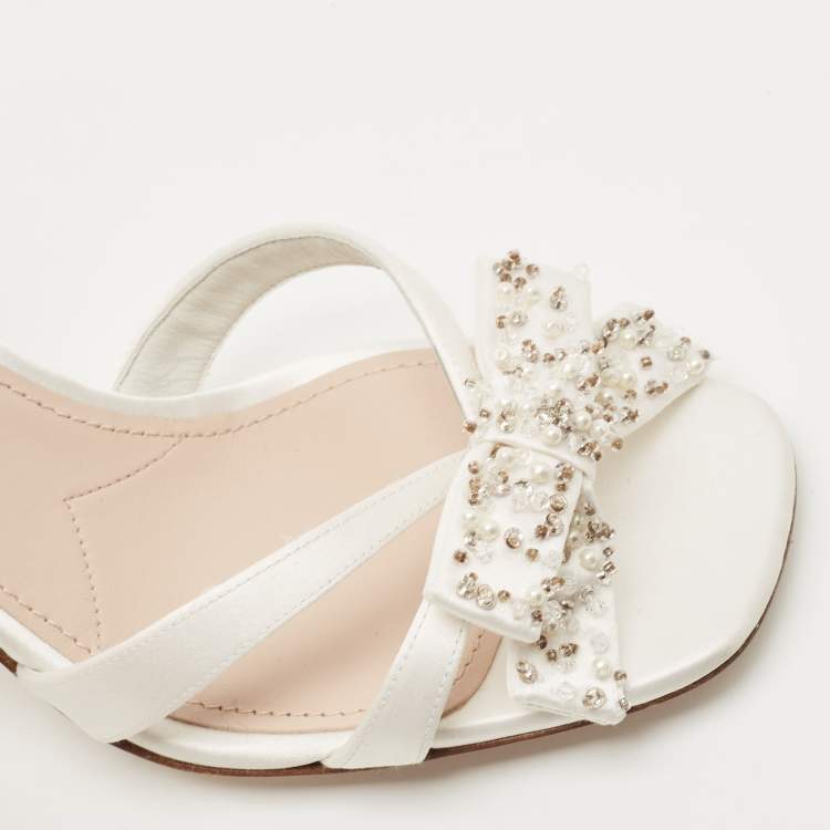 Pre Owned Miu Miu White Satin Beads Embellished Bow Ankle Strap Sandals Size 40