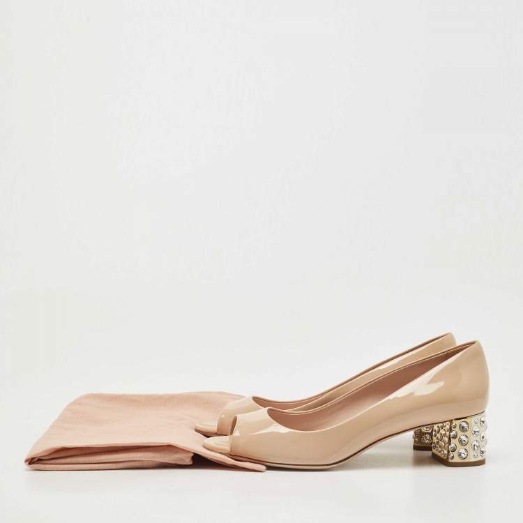 Pre Owned Miu Miu Beige Patent Leather Crystal Embellished Peep Toe Pumps Size 37