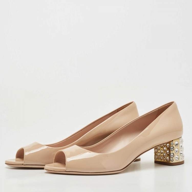 Pre Owned Miu Miu Beige Patent Leather Crystal Embellished Peep Toe Pumps Size 37