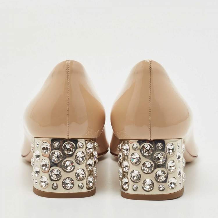 Pre Owned Miu Miu Beige Patent Leather Crystal Embellished Peep Toe Pumps Size 37