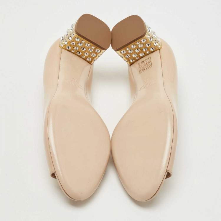 Pre Owned Miu Miu Beige Patent Leather Crystal Embellished Peep Toe Pumps Size 37