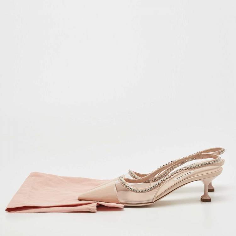 Pre Owned Miu Miu Beige Patent Leather and PVC Crystal Embellished Slingback Pumps Size 36.5