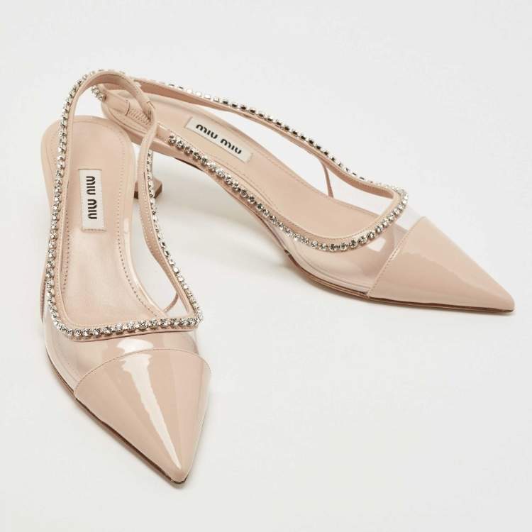 Pre Owned Miu Miu Beige Patent Leather and PVC Crystal Embellished Slingback Pumps Size 36.5