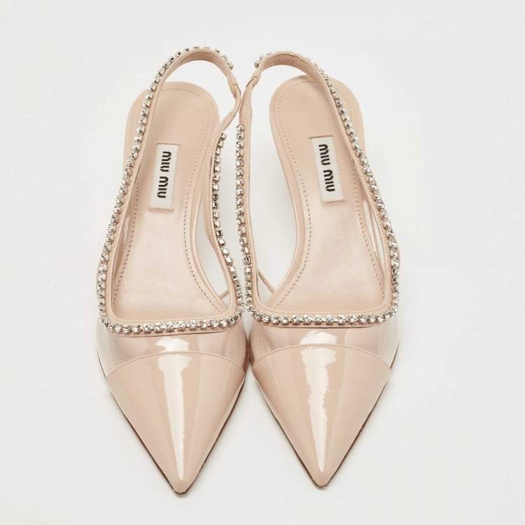 Pre Owned Miu Miu Beige Patent Leather and PVC Crystal Embellished Slingback Pumps Size 36.5