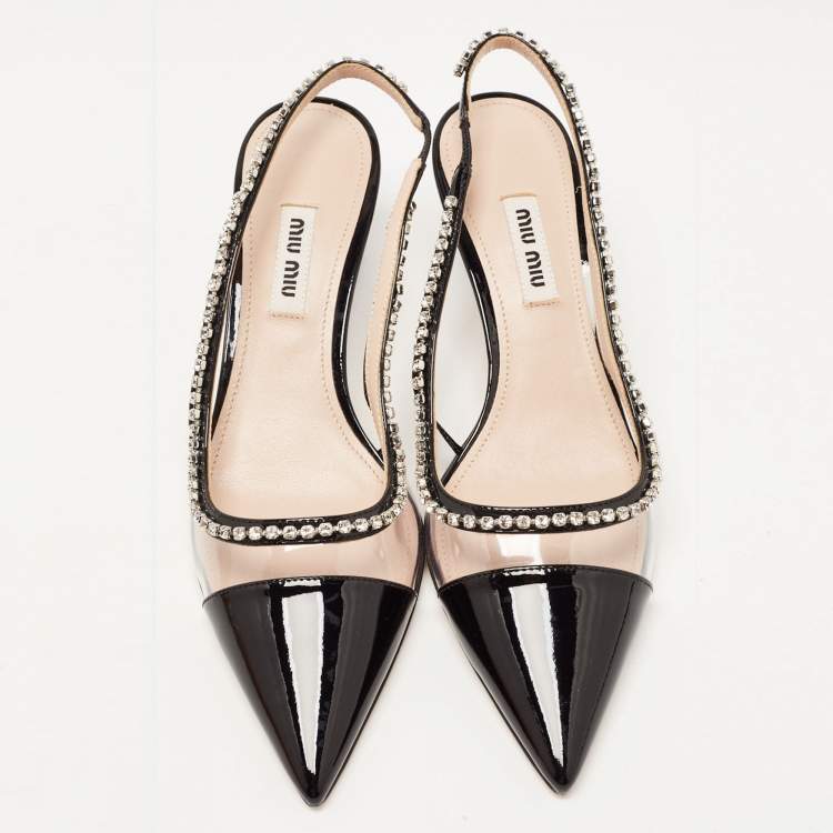 Pre Owned Miu Miu Black Patent Leather and PVC Crystal Embellished Slingback Pumps Size 36.5
