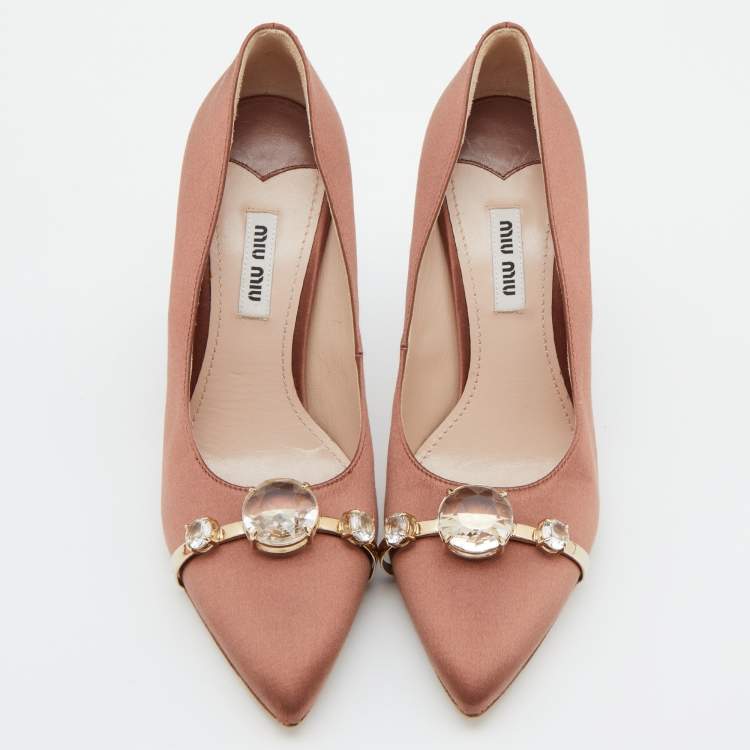 Pre Owned Miu Miu Brown Satin Crystal Embellished Pointed Toe Pumps Size 38.5