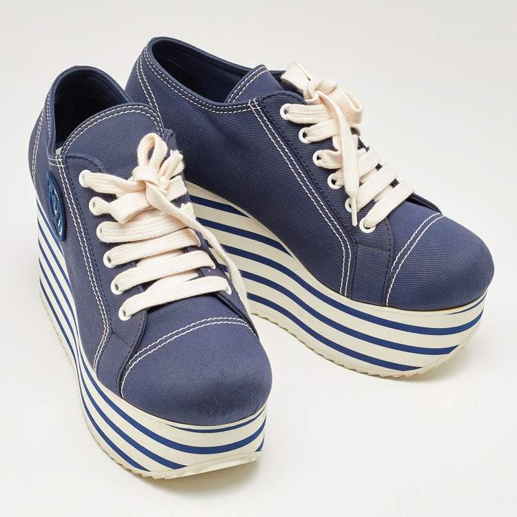 Pre Owned Miu Miu Navy Blue Denim Gabardine Platform Sneakers Size 39