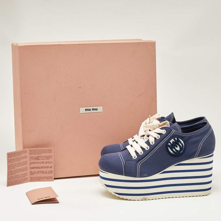 Pre Owned Miu Miu Navy Blue Denim Gabardine Platform Sneakers Size 39