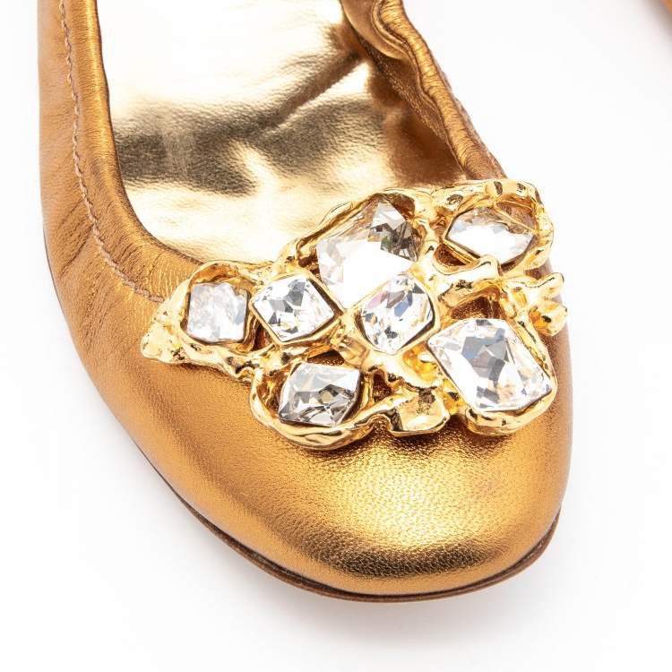 Pre Owned Miu Miu Metallic Gold Leather Crystal Embellished Scrunch Ballet Flats Size 38.5