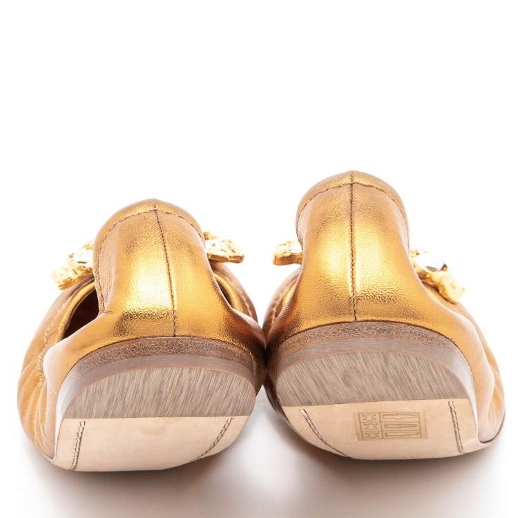 Pre Owned Miu Miu Metallic Gold Leather Crystal Embellished Scrunch Ballet Flats Size 38.5