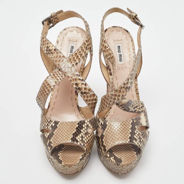 Pre Owned Miu Miu Two Tone Python Ankle Strap Platform Sandals Size 39.5