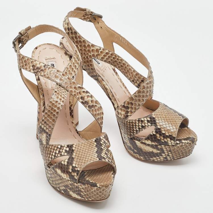 Pre Owned Miu Miu Two Tone Python Ankle Strap Platform Sandals Size 39.5
