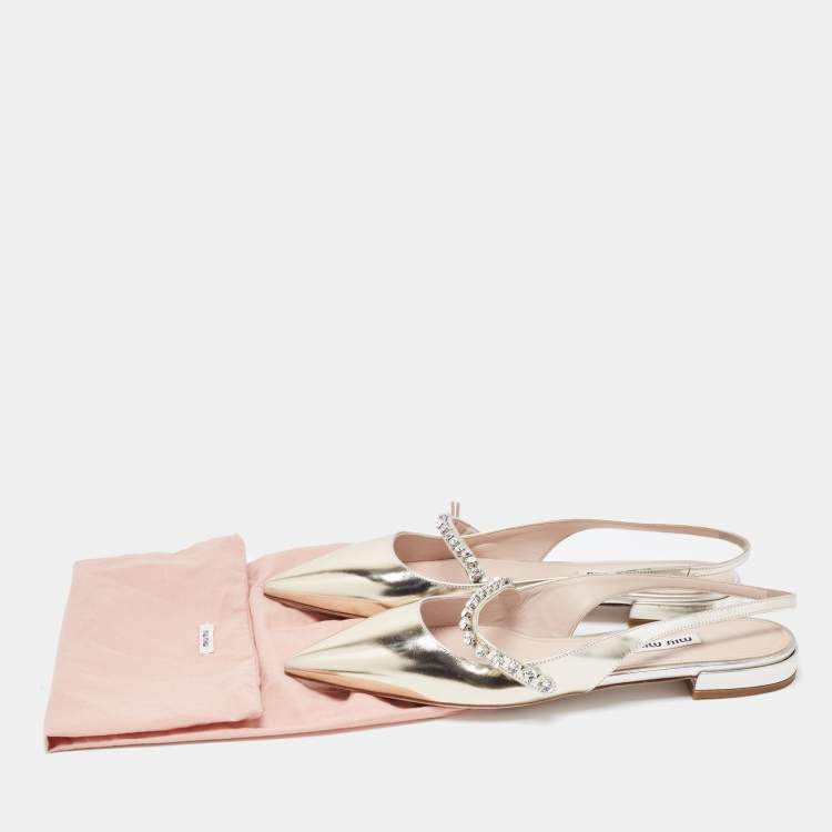 Pre Owned Miu Miu Gold Leather Crystal Embellished Slingback Flats Size 37.5