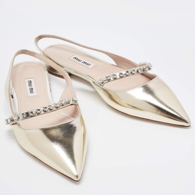 Pre Owned Miu Miu Gold Leather Crystal Embellished Slingback Flats Size 37.5