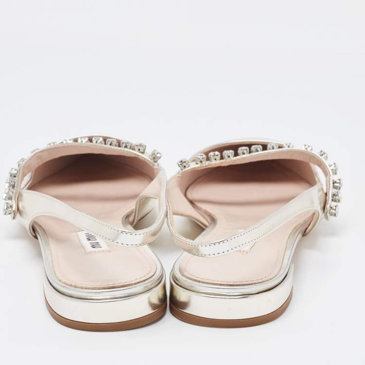 Pre Owned Miu Miu Gold Leather Crystal Embellished Slingback Flats Size 37.5