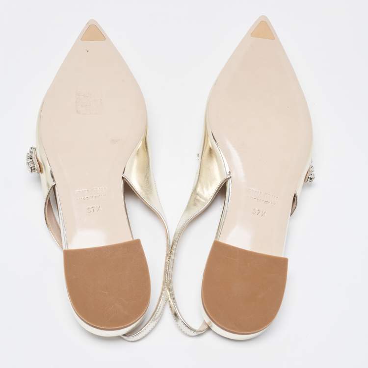 Pre Owned Miu Miu Gold Leather Crystal Embellished Slingback Flats Size 37.5