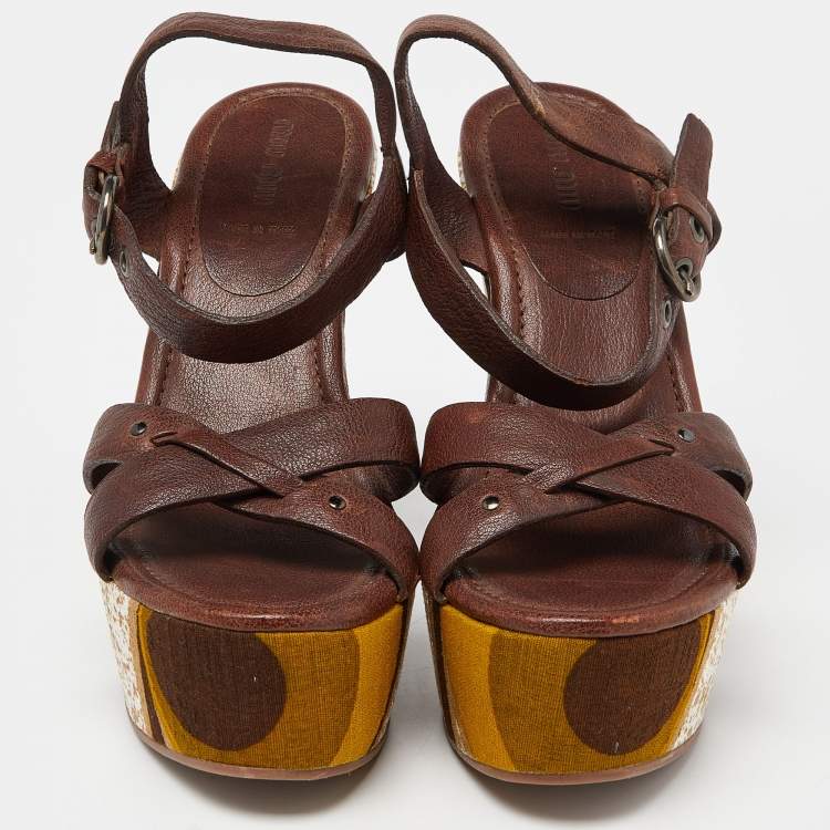 Pre Owned Miu Miu Brown Leather Platform Wedge Ankle Strap Sandals Size 38