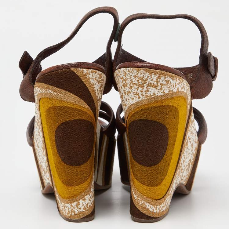 Pre Owned Miu Miu Brown Leather Platform Wedge Ankle Strap Sandals Size 38