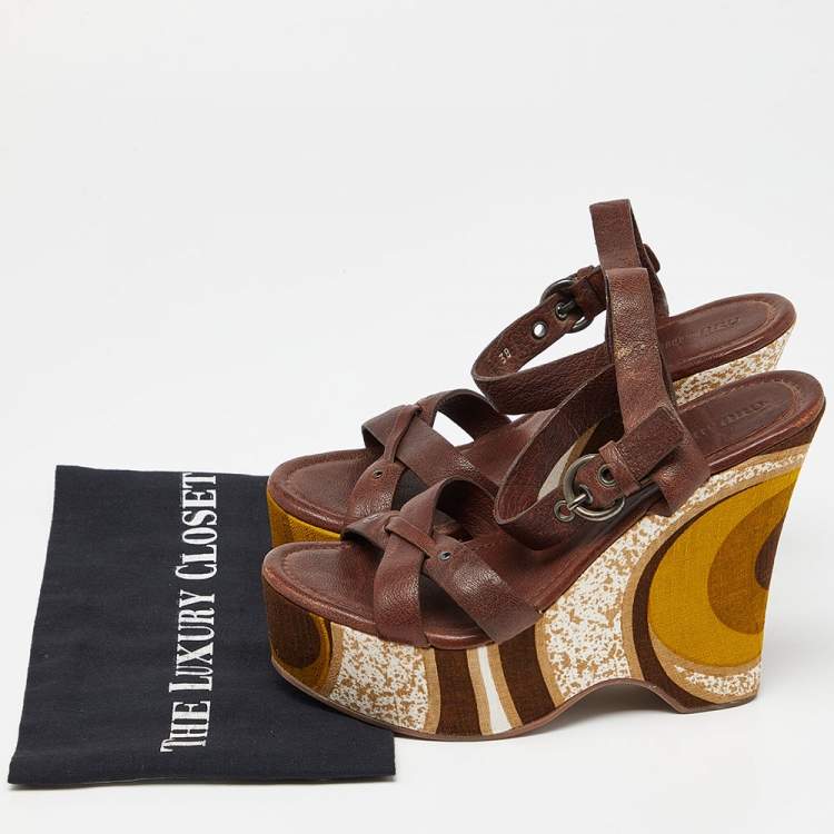Pre Owned Miu Miu Brown Leather Platform Wedge Ankle Strap Sandals Size 38