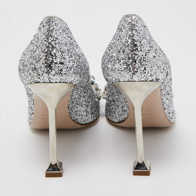 Pre Owned Miu Miu Silver Glitter Crystal Embellished Pointed Toe Pumps Size 35.5