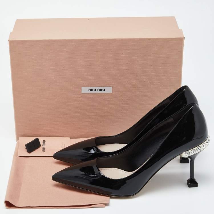 Pre Owned Miu Miu Black Patent Leather Pointed Toe Kitten Heel Pumps Size 38.5