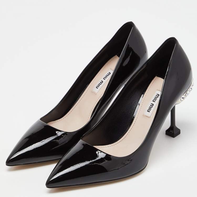 Pre Owned Miu Miu Black Patent Leather Pointed Toe Kitten Heel Pumps Size 38.5