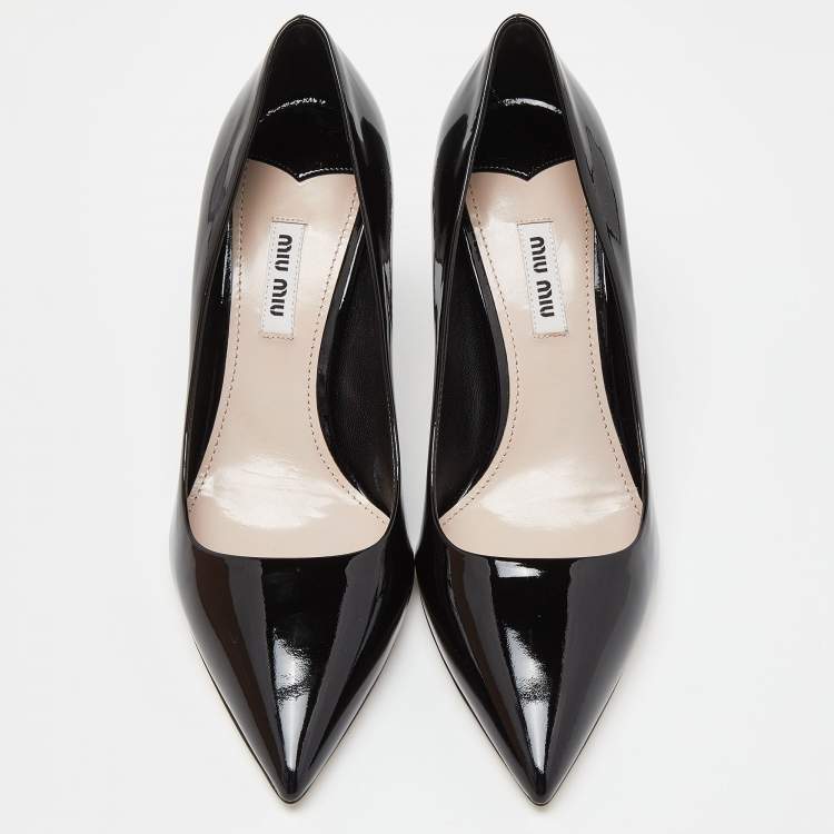 Pre Owned Miu Miu Black Patent Leather Pointed Toe Kitten Heel Pumps Size 38.5