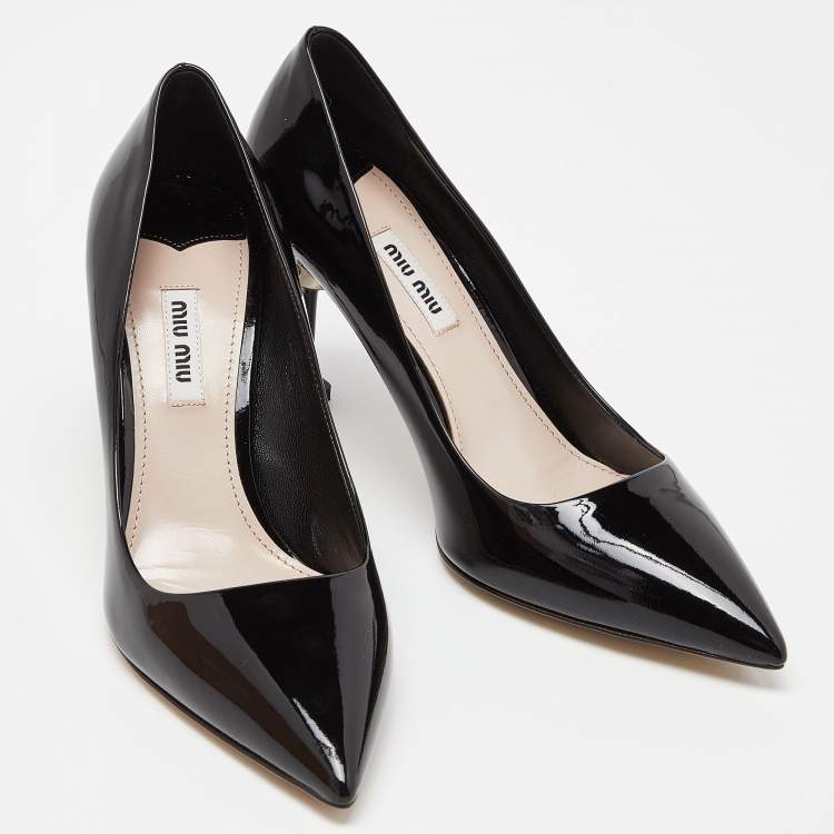 Pre Owned Miu Miu Black Patent Leather Pointed Toe Kitten Heel Pumps Size 38.5