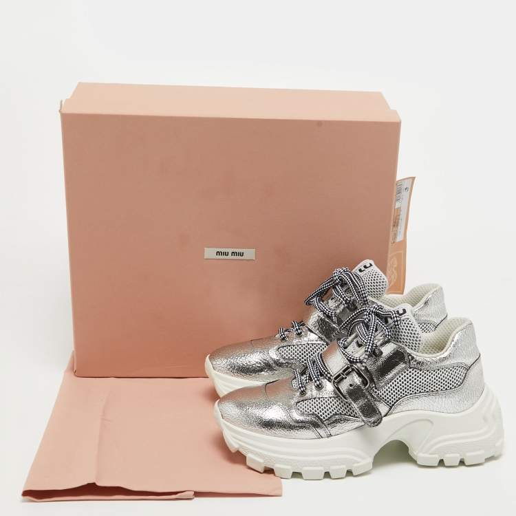 Pre Owned Miu Miu Silver Texture Leather Lace Up Sneakers Size 38